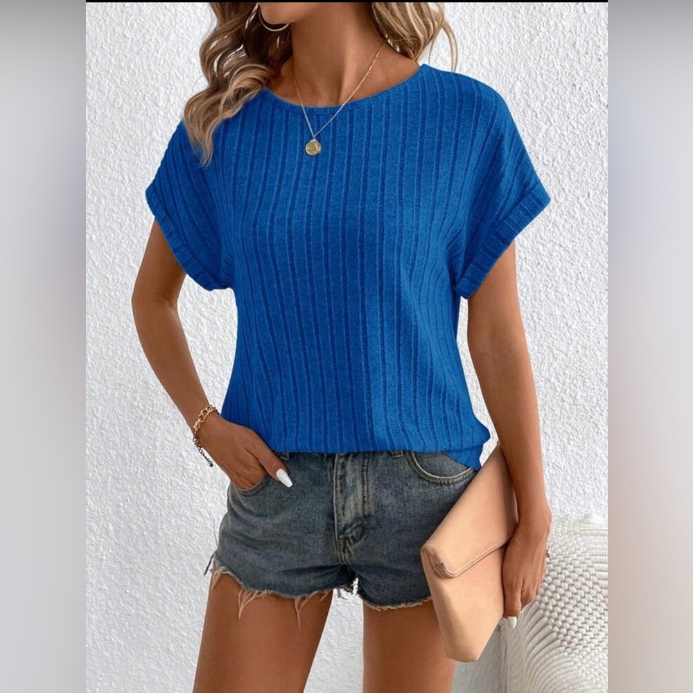 Women Solid Rib-Knit Blouse - Blue - Size Medium